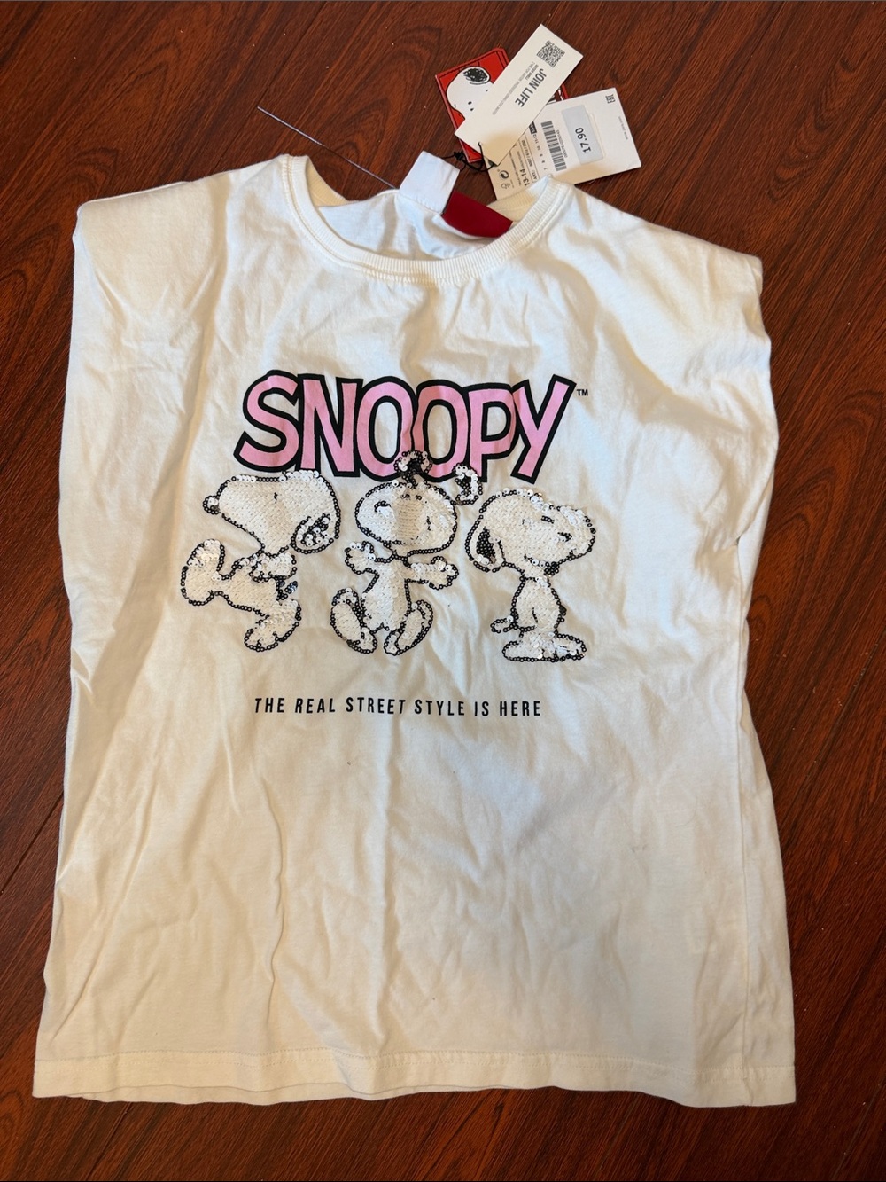 Zara White Kids Snoopy Graphic Tee with Pink Logo